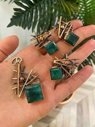 Kadın Gümüş Zümrüt Taşlı Otantik Set Takımı