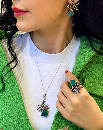 Kadın Gümüş Zümrüt Taşlı Otantik Set Takımı