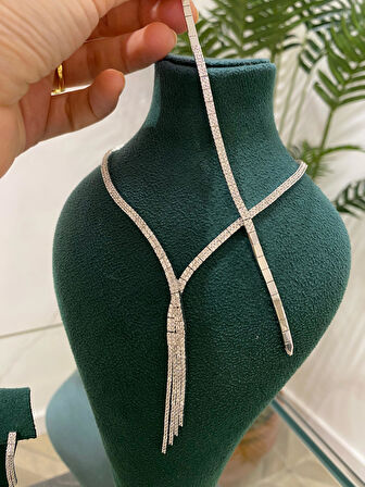 Kadın Gümüş Zirkon Taşlı Su Yolu Düğün Set Takımı