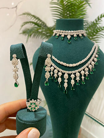 Kadın Gümüş Zümrüt Taşlı Düğün Set Takımı