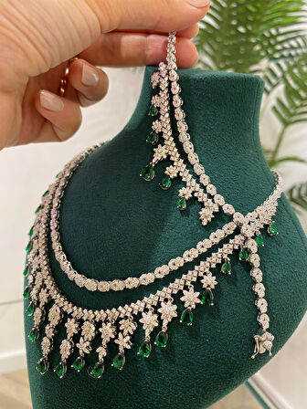 Kadın Gümüş Zümrüt Taşlı Düğün Set Takımı