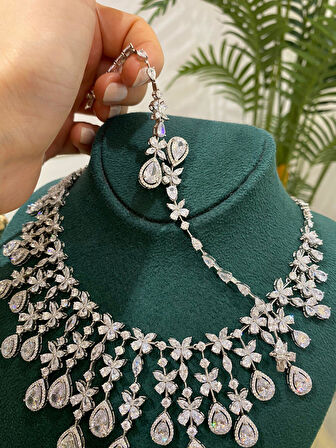 Kadın Gümüş Damla Model Zirkon Taşlı Düğün Set Takımı