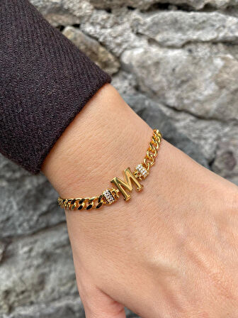 Kadın Gümüş Gold Harfli Zincir Bileklik