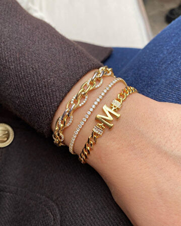 Kadın Gümüş Gold Harfli Zincir Bileklik