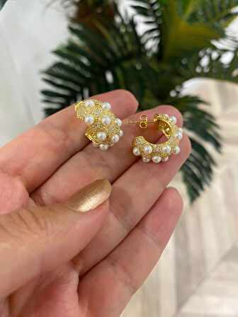 Kadın Gümüş Gold İncili Tasarım Küpe