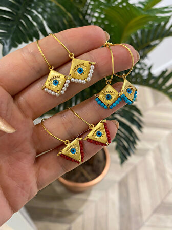 Kadın Gümüş Cam Göz Halka Küpe