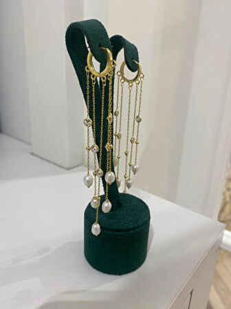 Kadın Gümüş İncili Sarkıt Zincir Küpe