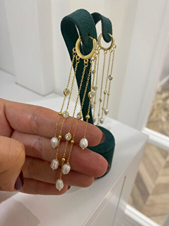 Kadın Gümüş İncili Sarkıt Zincir Küpe