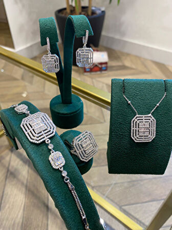 Kadın Gümüş Zirkon Taşlı Baget Set Takımı