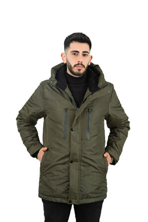 Erkek Polarlı Su Ve Rüzgar Geçirmez Kapüşonlu Kışlık Mont & Kaban & Parka