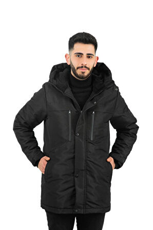 Erkek Polarlı Su Ve Rüzgar Geçirmez Kapüşonlu Kışlık Mont & Kaban & Parka