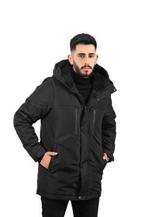 Erkek Polarlı Su Ve Rüzgar Geçirmez Kapüşonlu Kışlık Mont & Kaban & Parka