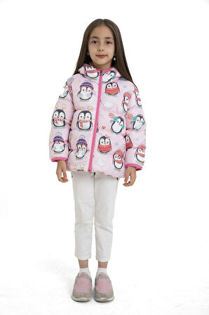 Kız Çocuk Polarlı Kapüşonlu Penguen Şeker Desenli Kışlık Şişme Mont