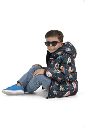 Erkek Çocuk Polarlı Kapüşonlu Roket Desenli Kışlık Şişme Mont & Kaban & Parka