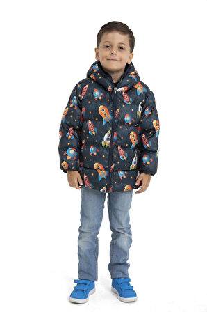 Erkek Çocuk Polarlı Kapüşonlu Roket Desenli Kışlık Şişme Mont & Kaban & Parka
