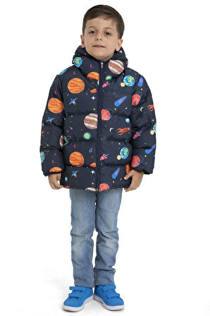 Erkek Çocuk Polarlı Kapüşonlu Gezegen Yıldız Desenli Kışlık Şişme Mont & Kaban & Parka