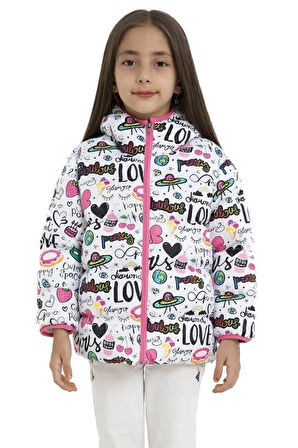 Kız Çocuk Polarlı Kapüşonlu Girls Yazılı Kelebek Desenli Kışlık Şişme Mont & Kaban & Parka