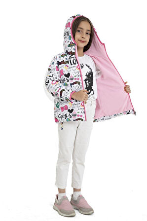 Kız Çocuk Polarlı Kapüşonlu Girls Yazılı Kelebek Desenli Kışlık Şişme Mont & Kaban & Parka