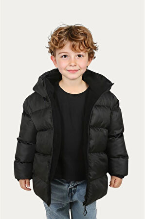 Erkek Çocuk Polarlı Kapüşonlu Su Geçirmez Rüzgara Dayanıklı Şişme Kışlık Mont & Kaban