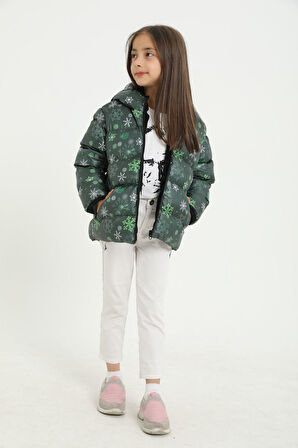 Kız Çocuk Çiçek Desen Polar Su ve Rüzgar Geçirmez Kapüşonlu Cepli Şişme Kışlık Mont