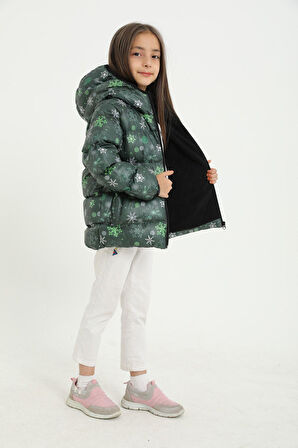 Kız Çocuk Çiçek Desen Polar Su ve Rüzgar Geçirmez Kapüşonlu Cepli Şişme Kışlık Mont