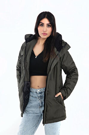 Kadın Polarlı Su Ve Rüzgar Geçirmez Kapüşonlu Kışlık Mont & Kaban & Parka