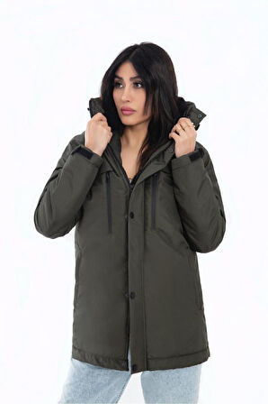 Kadın Polarlı Su Ve Rüzgar Geçirmez Kapüşonlu Kışlık Mont & Kaban & Parka