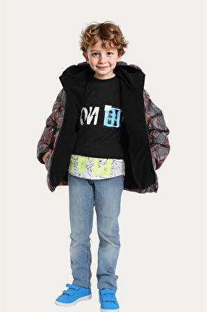 Kız Çocuk Dijital Baskılı Desen Polar Su ve Rüzgar Geçirmez Kapüşonlu Cepli Şişme Kışlık Mont