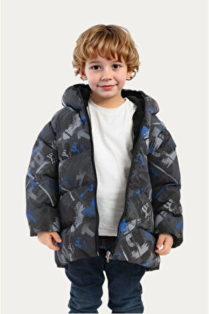 Erkek Çocuk Dijital Desen Polar Su ve Rüzgar Geçirmez Kapüşonlu Şişme Kışlık Mont