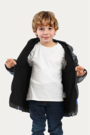 Erkek Çocuk Dijital Desen Polar Su ve Rüzgar Geçirmez Kapüşonlu Şişme Kışlık Mont