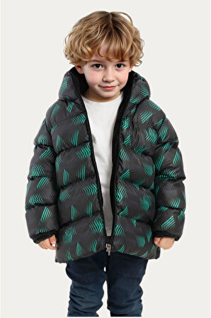 Erkek Çocuk Dijital Desen Polar Su ve Rüzgar Geçirmez Kapüşonlu Şişme Kışlık Mont