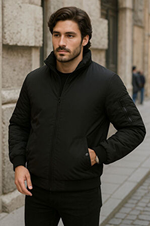 Erkek Astarlı Dik Yaka Mevsimlik Cepli Su ve Rüzgar Geçirmez Mont