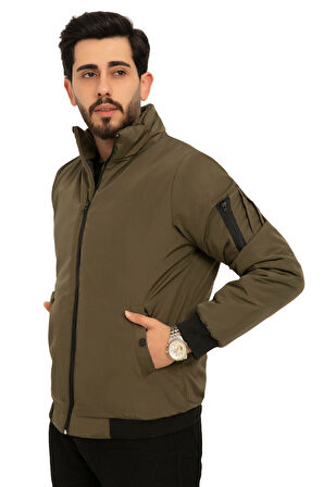 Erkek Astarlı Dik Yaka Mevsimlik Cepli Su ve Rüzgar Geçirmez Mont