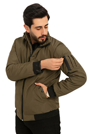 Erkek Astarlı Dik Yaka Mevsimlik Cepli Su ve Rüzgar Geçirmez Mont