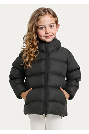 Kız Çocuk Polarlı Kapüşonlu Su Geçirmez Rüzgara Dayanıklı Cepli Şişme Kışlık Mont