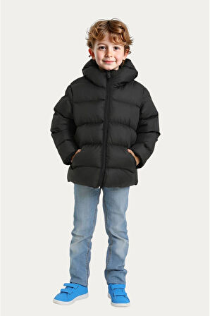 Kız Çocuk Polarlı Kapüşonlu Su Geçirmez Rüzgara Dayanıklı Cepli Şişme Kışlık Mont