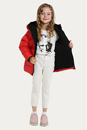 Kız Çocuk Polarlı Kapüşonlu Su Geçirmez Rüzgara Dayanıklı Cepli Şişme Kışlık Mont