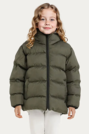 Kız Çocuk Polarlı Kapüşonlu Su Geçirmez Rüzgara Dayanıklı Cepli Şişme Kışlık Mont