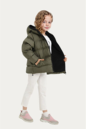 Kız Çocuk Polarlı Kapüşonlu Su Geçirmez Rüzgara Dayanıklı Cepli Şişme Kışlık Mont