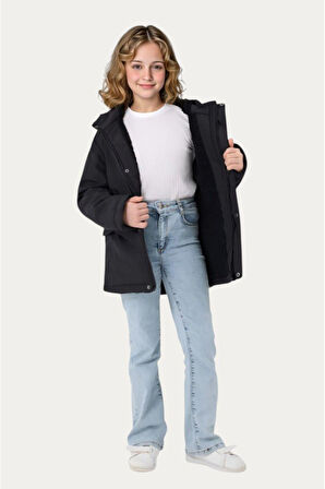 Kız Çocuk Kürklü Su ve Rüzgar Geçirmez Kapüşonlu 3 Cep Kışlık Mont & Kaban & Parka