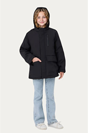 Kız Çocuk Kürklü Su ve Rüzgar Geçirmez Kapüşonlu 3 Cep Kışlık Mont & Kaban & Parka