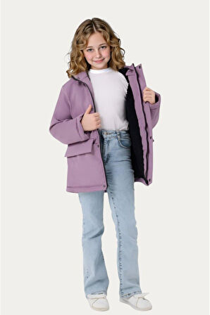 Kız Çocuk Kürklü Su ve Rüzgar Geçirmez Kapüşonlu 3 Cep Kışlık Mont & Kaban & Parka