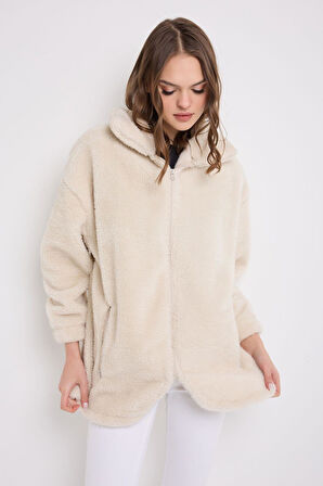 Kadın Peluş Rüzgar Geçirmez Welsoft Çift Cepli Kışlık Mont Kaban