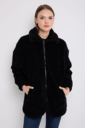 Kadın Peluş Rüzgar Geçirmez Welsoft Çift Cepli Kışlık Mont Kaban