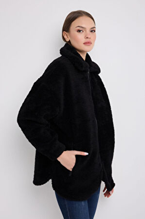 Kadın Peluş Rüzgar Geçirmez Welsoft Çift Cepli Kışlık Mont Kaban