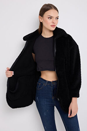 Kadın Peluş Rüzgar Geçirmez Welsoft Çift Cepli Kışlık Mont Kaban