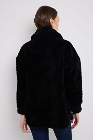 Kadın Peluş Rüzgar Geçirmez Welsoft Çift Cepli Kışlık Mont Kaban