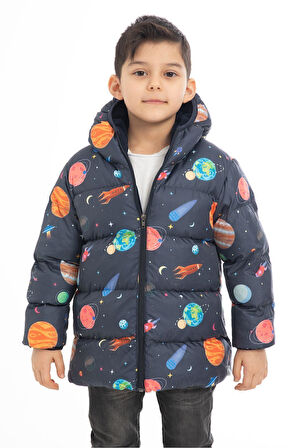Spor Erkek Çocuk Polarlı Kapüşonlu Gezegen Yıldız Desenli Kışlık Şişme Mont & Kaban & Parka