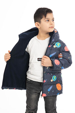 Spor Erkek Çocuk Polarlı Kapüşonlu Gezegen Yıldız Desenli Kışlık Şişme Mont & Kaban & Parka
