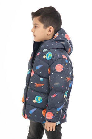 Spor Erkek Çocuk Polarlı Kapüşonlu Gezegen Yıldız Desenli Kışlık Şişme Mont & Kaban & Parka